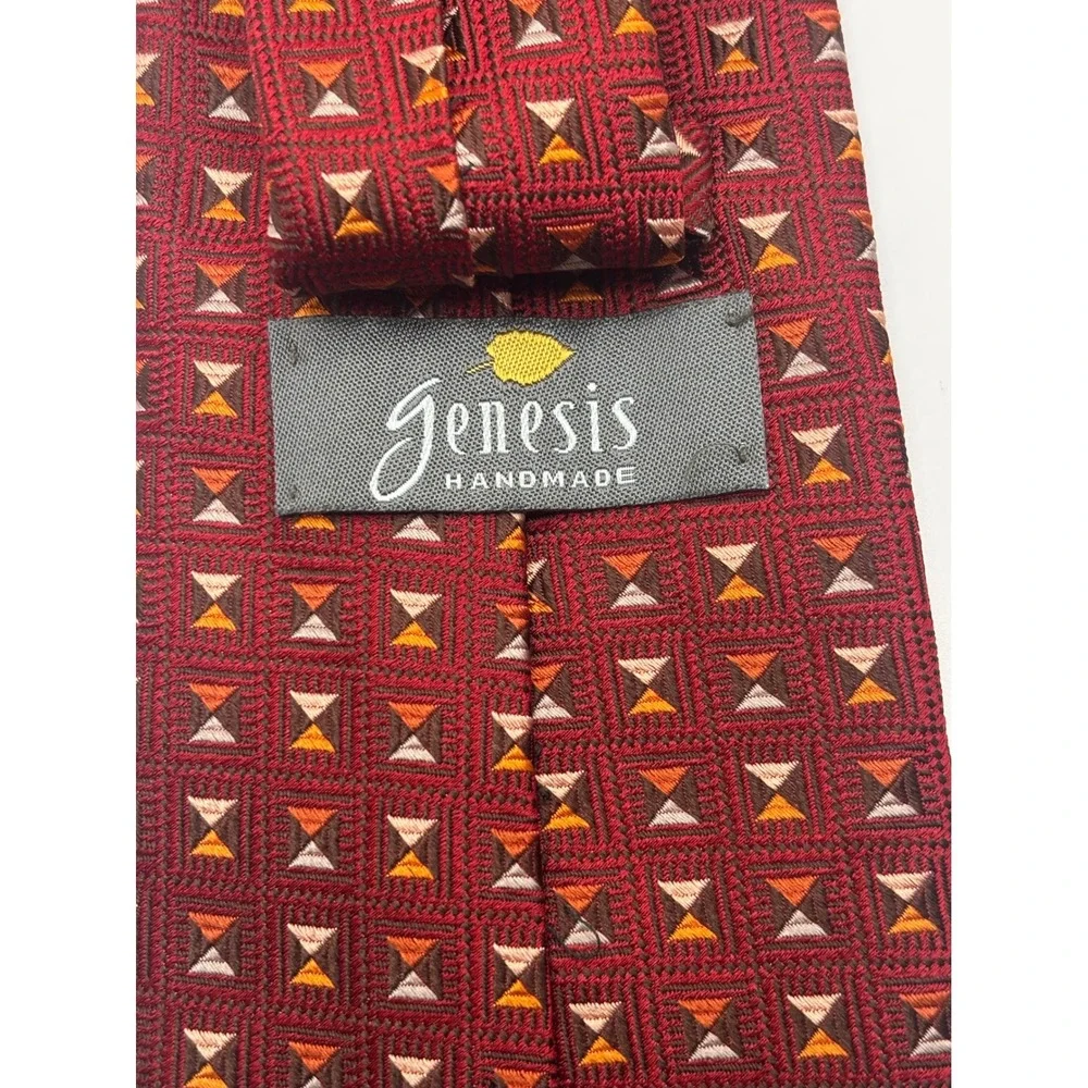 Genesis Handmade Mens Italian SilkTie Burgundy Red Geometric Pattern Made in USA